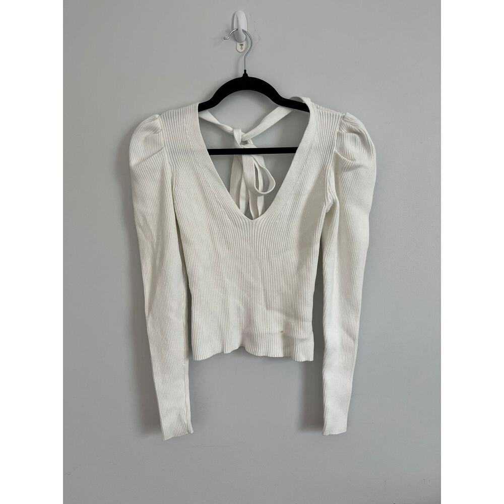 Ronny Kobo Top Women S White Ribbed‎ Knit Puff Sleeve Tie Back Stretch V Neck